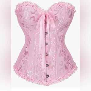 Corset pink bustier top with a brocade pattern and ruffle trim, size XXL, NWOT